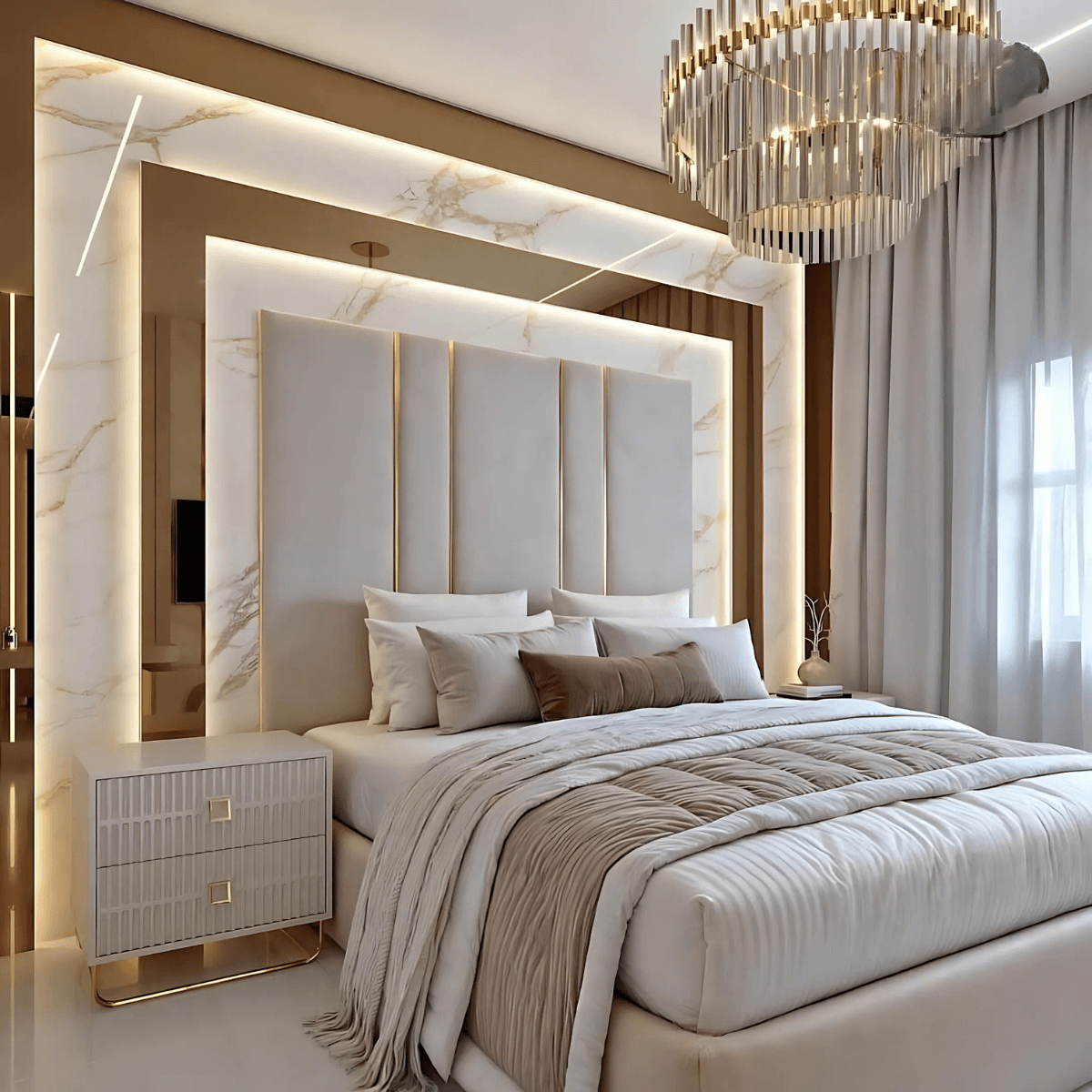 Modern bedroom featuring a customizable bed with elegant decor and ambient lighting.