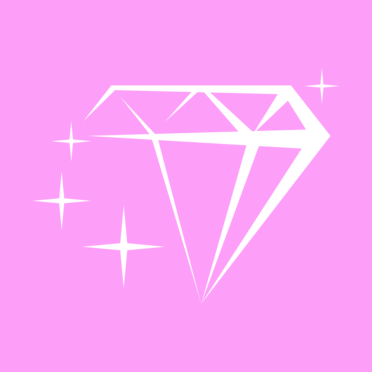 White diamond icon with sparkles on a pink background, symbolizing luxury and elegance.