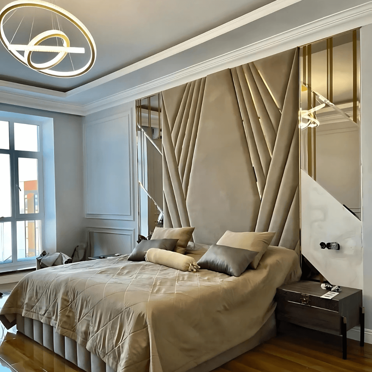 Luxurious customized bed with elegant design and modern decor in a stylish bedroom setting.