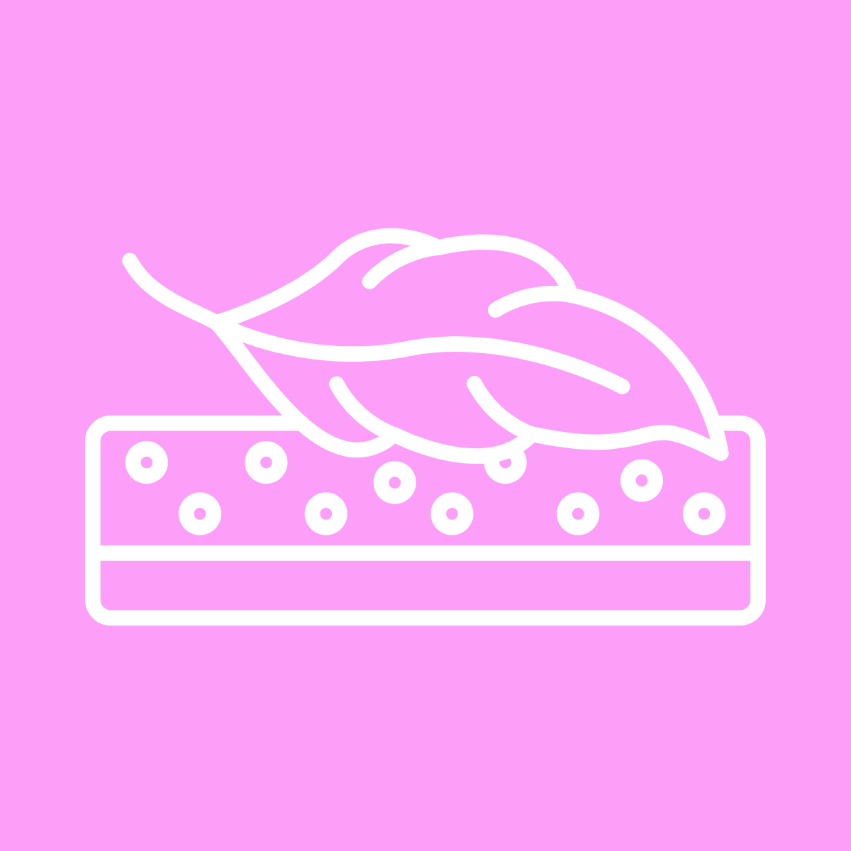 Minimalist design of a soap bar with a green leaf, set against a pink background, symbolizing freshness and natural ingredients.