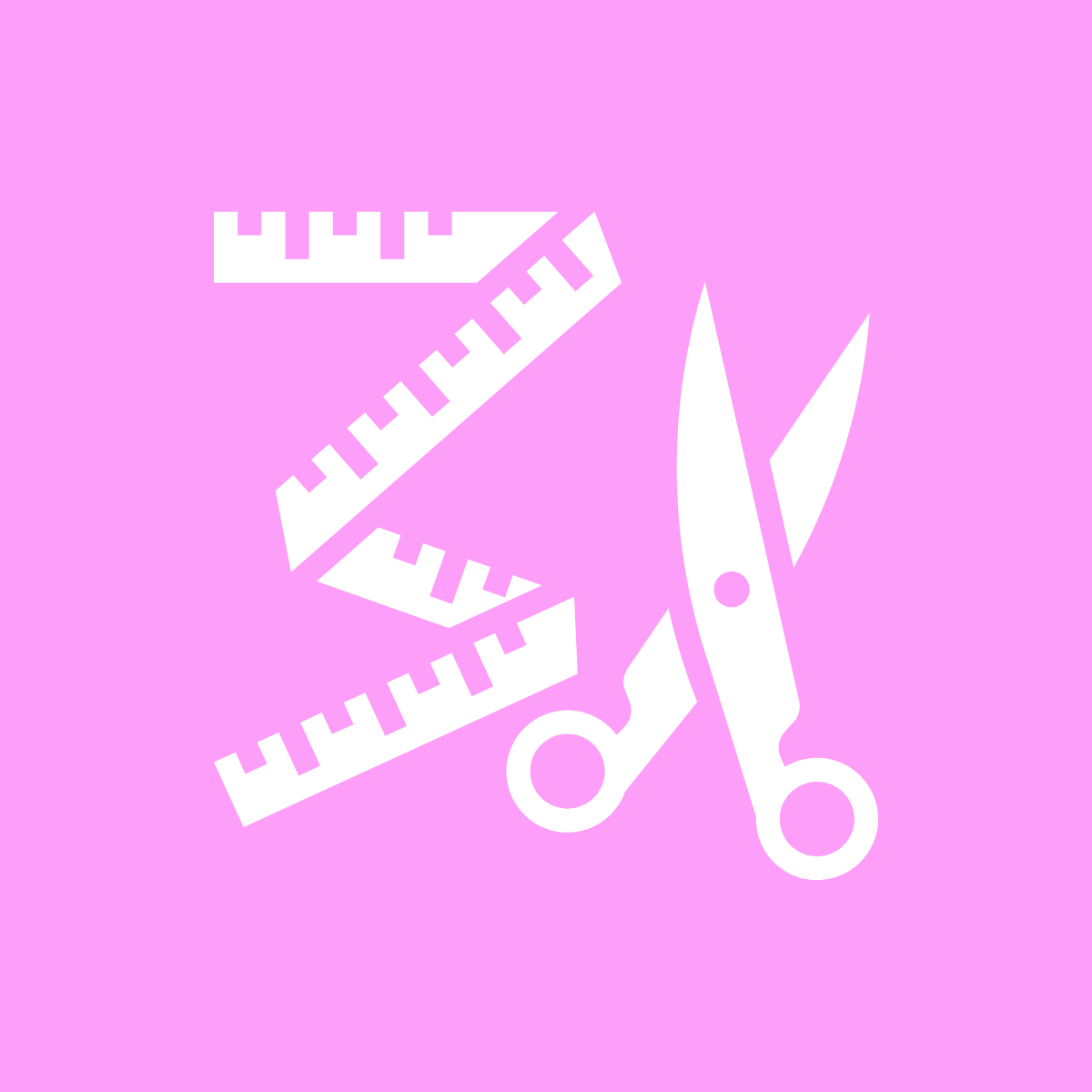 Scissors and rulers icon on a pink background, symbolizing measurement and cutting in design or crafting.
