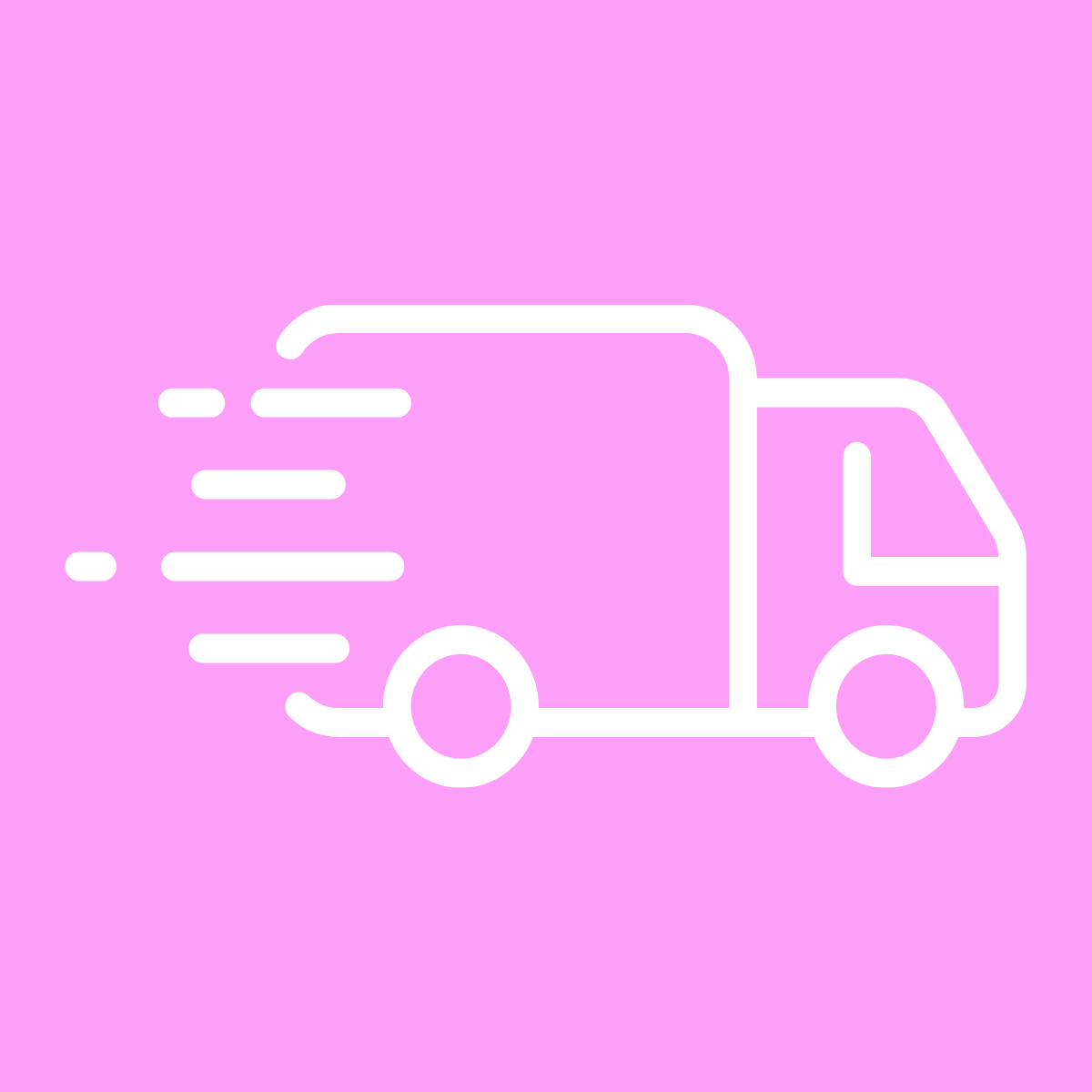 Delivery truck icon in motion on a pink background, representing fast shipping and logistics services.