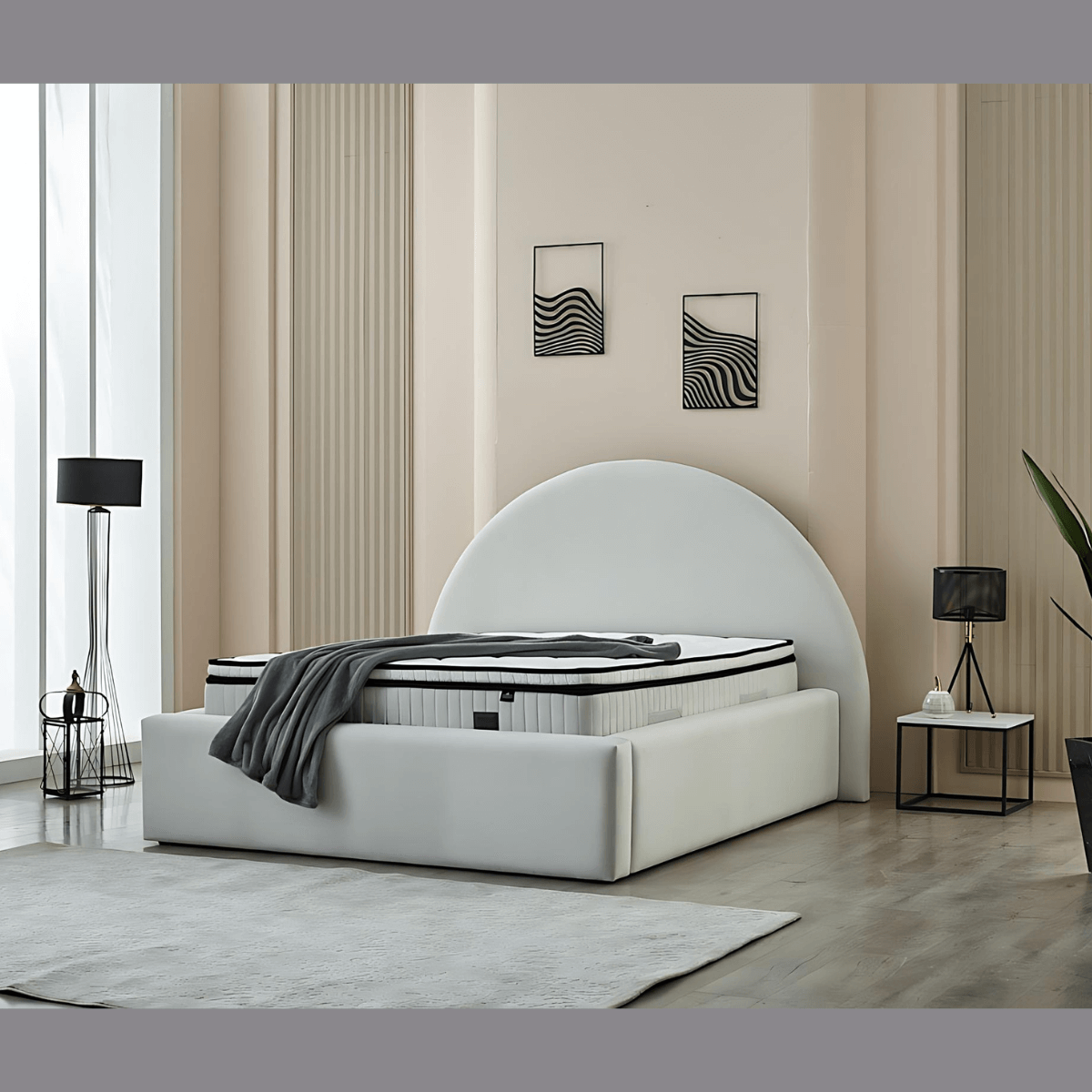 Modern customizable bed and mattress in a stylish bedroom setting with elegant decor and cozy accents.
